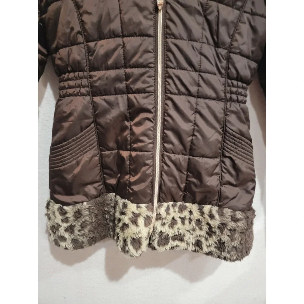 HAWKE & Co Girls Size 16 Brown Quilted Puffer Jacket Leopard Print Faux Fur Hood